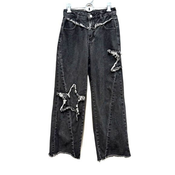 Jeans Straight Wide Leg Stars Distressed High Rise Black Wash Grunge Women sz XS - Picture 1 of 7